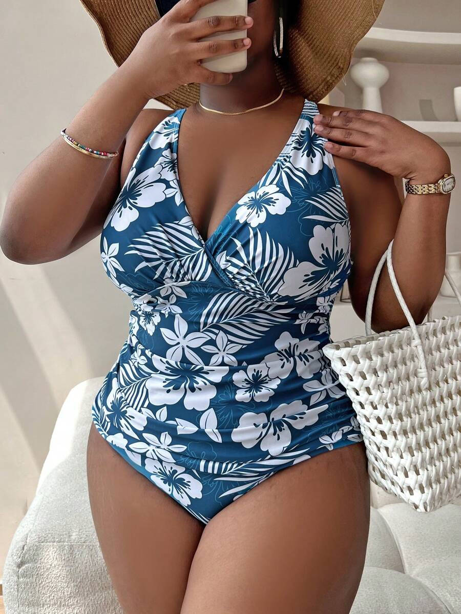 Maiô Plus Size Floral Azul