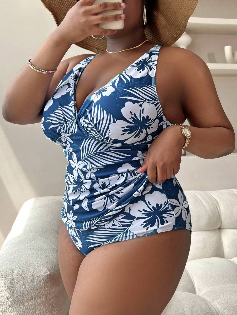 Maiô Plus Size Floral Azul